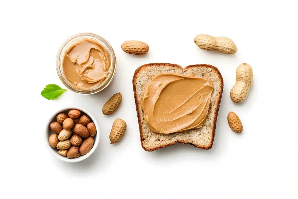 Bowls of peanut butter and peanuts beside a slice of toast spread with peanut butter